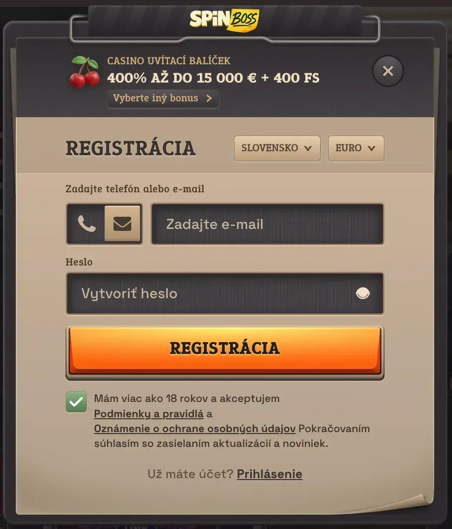 Registračný formulár na Spinboss casino